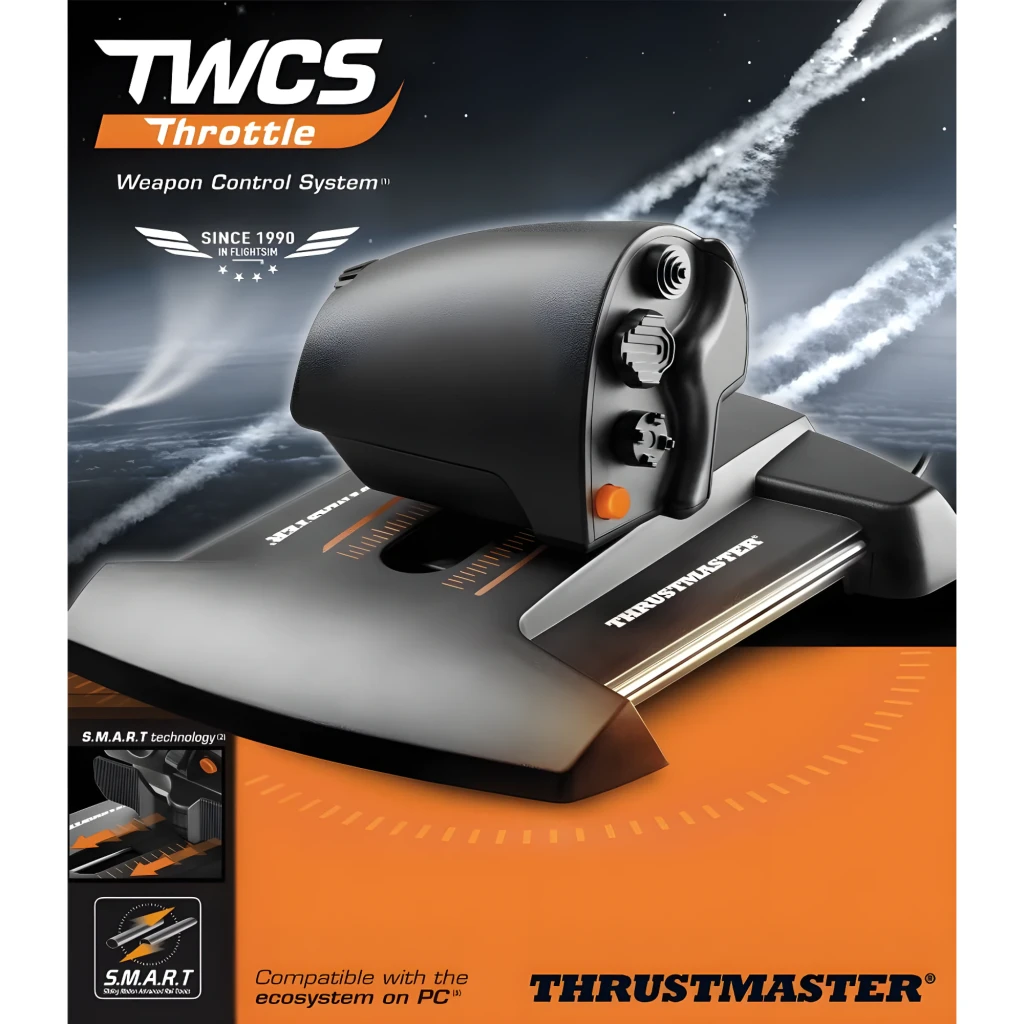Thrustmaster TWCS Throttle Noir, vue latérale arrière: base avec échelle orange, bouton orange, molettes de réglage et câble - Ítem9