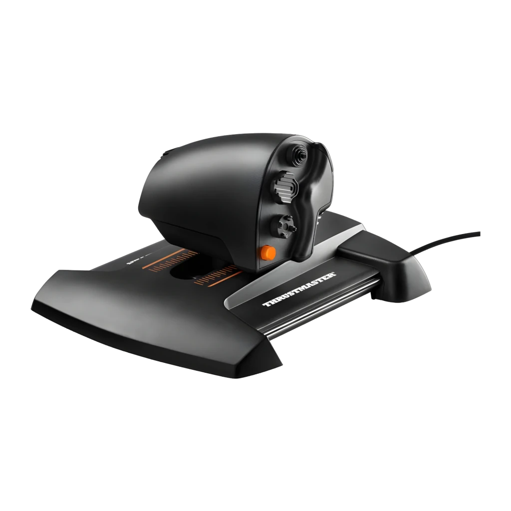 Thrustmaster TWCS Throttle Noir, vue latérale arrière: base avec échelle orange, bouton orange, molettes de réglage et câble - Ítem11