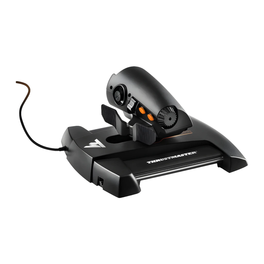 Thrustmaster TWCS Throttle Noir, vue latérale arrière: base avec échelle orange, bouton orange, molettes de réglage et câble - Ítem1