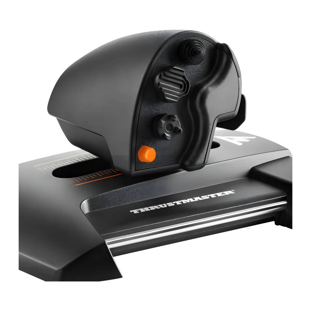 Thrustmaster TWCS Throttle Noir, vue latérale arrière: base avec échelle orange, bouton orange, molettes de réglage et câble - Ítem5