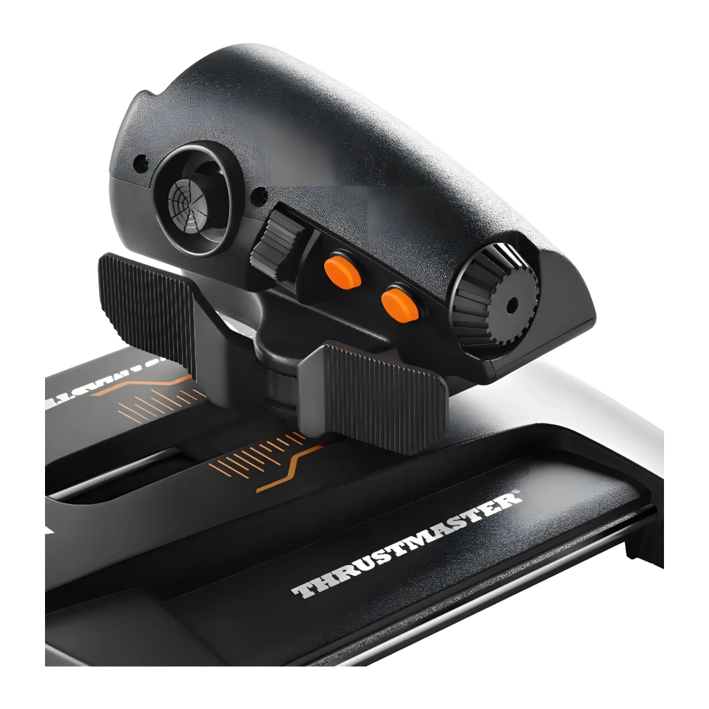 Thrustmaster TWCS Throttle Noir, vue latérale arrière: base avec échelle orange, bouton orange, molettes de réglage et câble - Ítem7