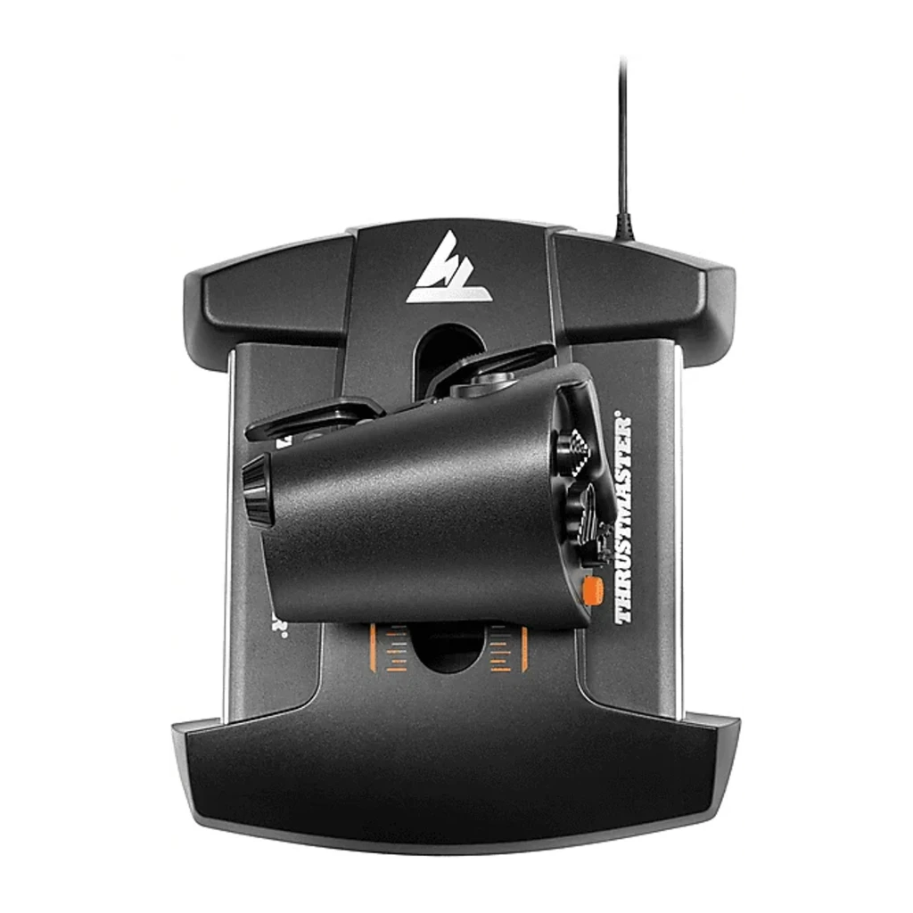 Thrustmaster TWCS Throttle Noir, vue latérale arrière: base avec échelle orange, bouton orange, molettes de réglage et câble - Ítem8