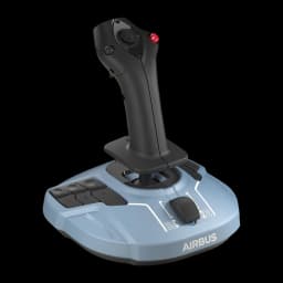 Thrustmaster TCA Sidestick Airbus Edition noir, vue avant gauche: manche noir avec bouton rouge, base bleue avec boutons et
