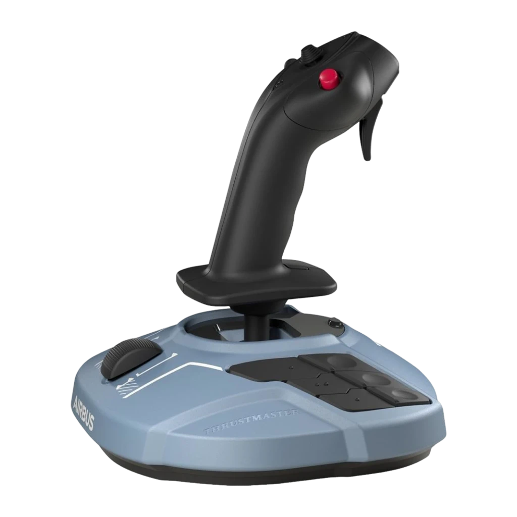 Thrustmaster TCA Sidestick Airbus Edition negro, vista frontal izquierda: empuñadura negra con botón rojo, base azul con - Ítem1