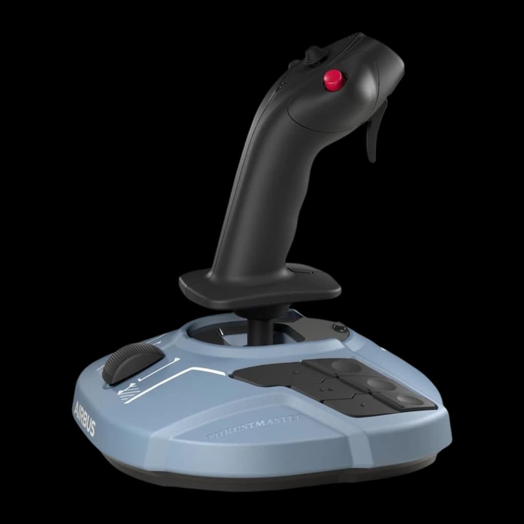 Thrustmaster TCA Sidestick Airbus Edition noir, vue latérale droite: profil du manche noir, base bleue avec logo Airbus et