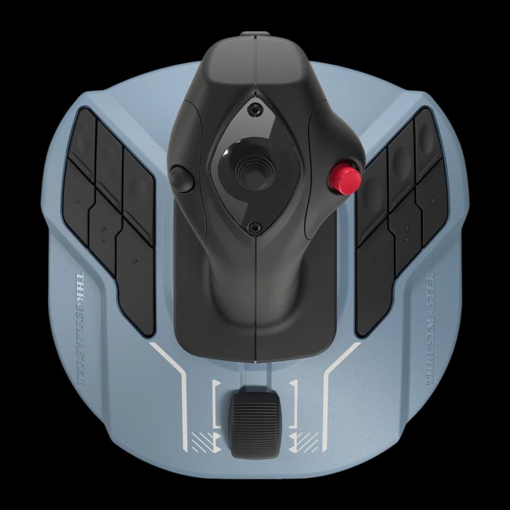 Thrustmaster TCA Sidestick Airbus Edition noir, vue du dessus: base bleue avec disposition des boutons, joystick central et