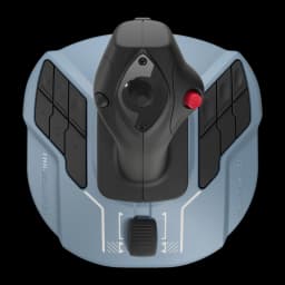 Thrustmaster TCA Sidestick Airbus Edition noir, vue du dessus: base bleue avec disposition des boutons, joystick central et