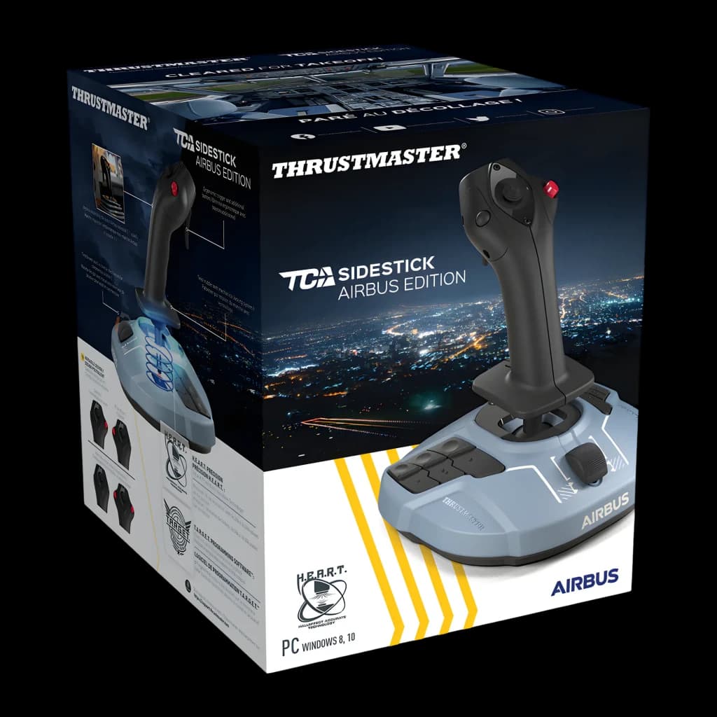 Thrustmaster TCA Sidestick Airbus Edition noir, boîte: packaging en angle avec joystick et base bleue visibles