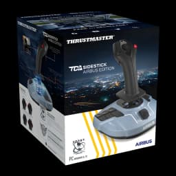 Thrustmaster TCA Sidestick Airbus Edition noir, boîte: packaging en angle avec joystick et base bleue visibles