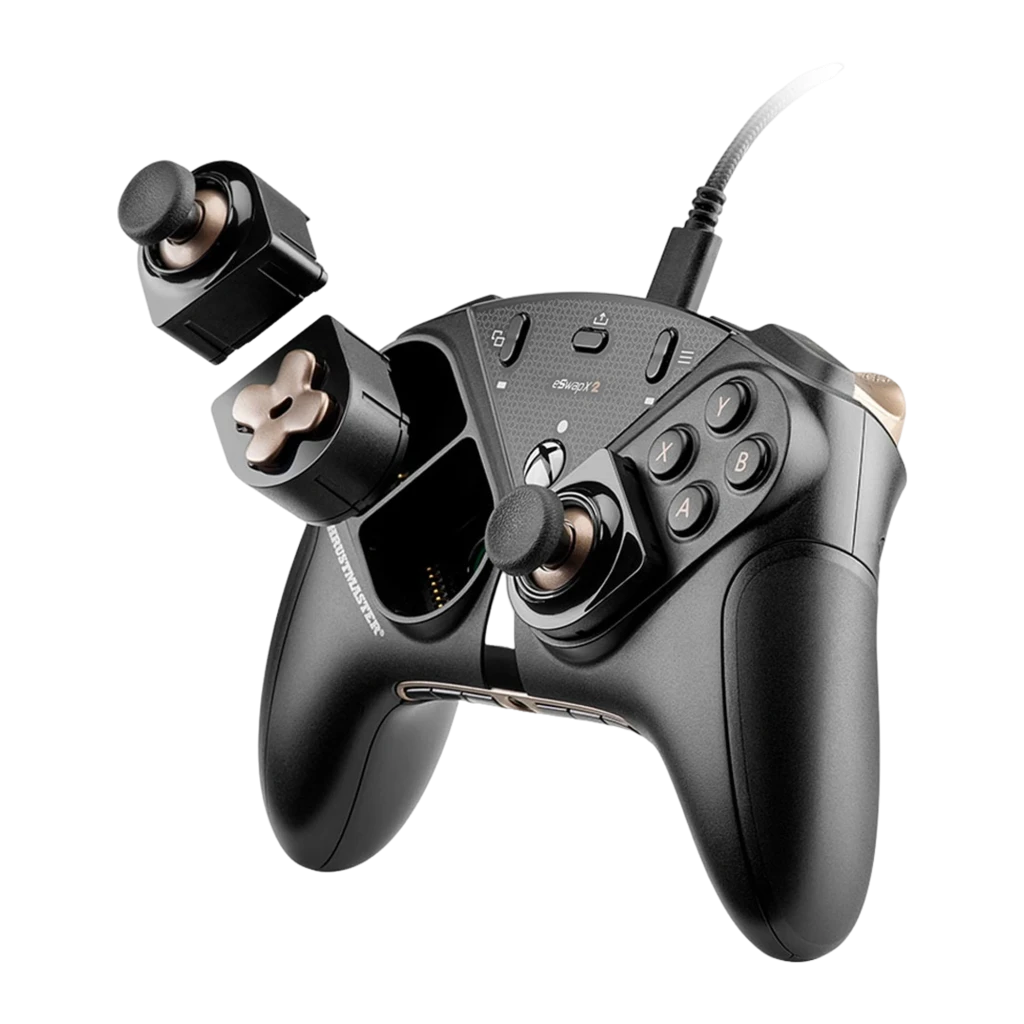 Thrustmaster eSwap X2 Pro Controller negro, vista frontal: D-pad dorado, botones ABXY y cable USB visibles - Ítem2