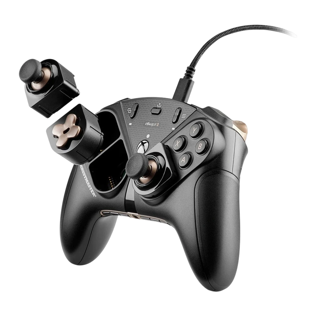 Thrustmaster eSwap X2 Pro Controller negro, vista frontal: D-pad dorado, botones ABXY y cable USB visibles - Ítem3