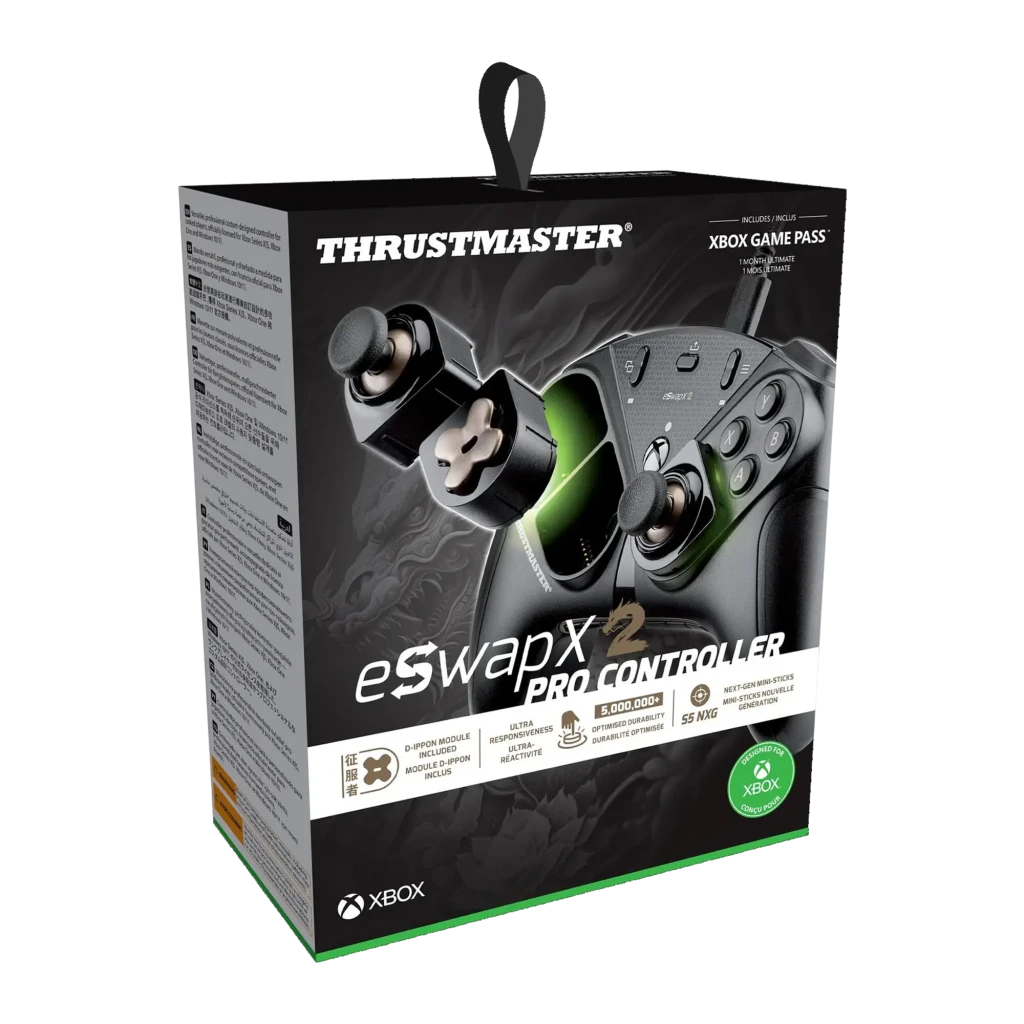 Thrustmaster eSwap X2 Pro Controller negro, vista frontal: D-pad dorado, botones ABXY y cable USB visibles - Ítem5