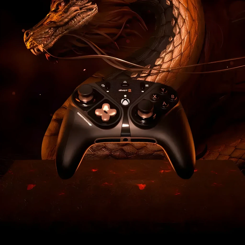 Thrustmaster eSwap X2 Pro Controller negro, vista frontal: D-pad dorado, botones ABXY y cable USB visibles - Ítem6