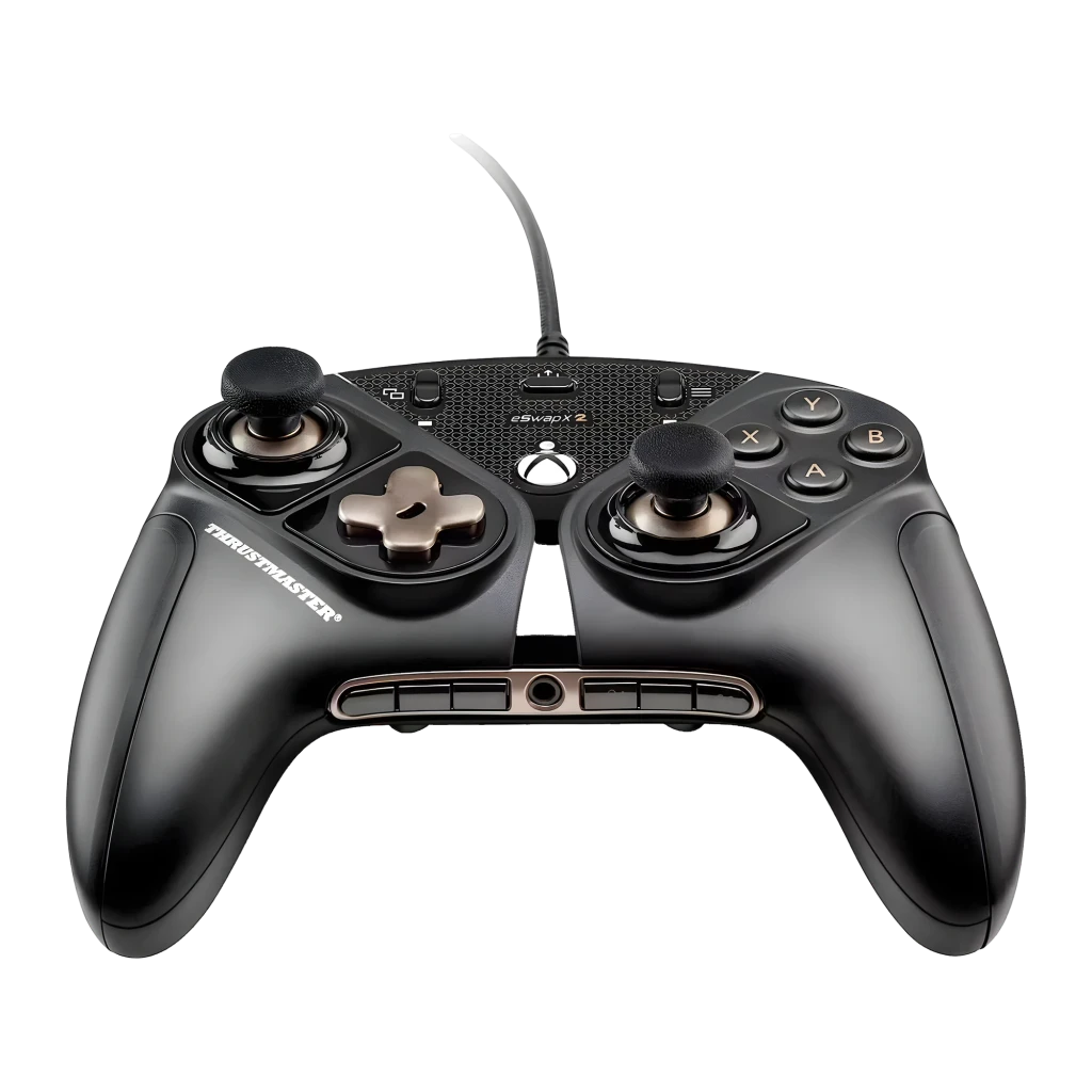 Thrustmaster eSwap X2 Pro Controller negro, vista frontal: D-pad dorado, botones ABXY y cable USB visibles - Ítem1