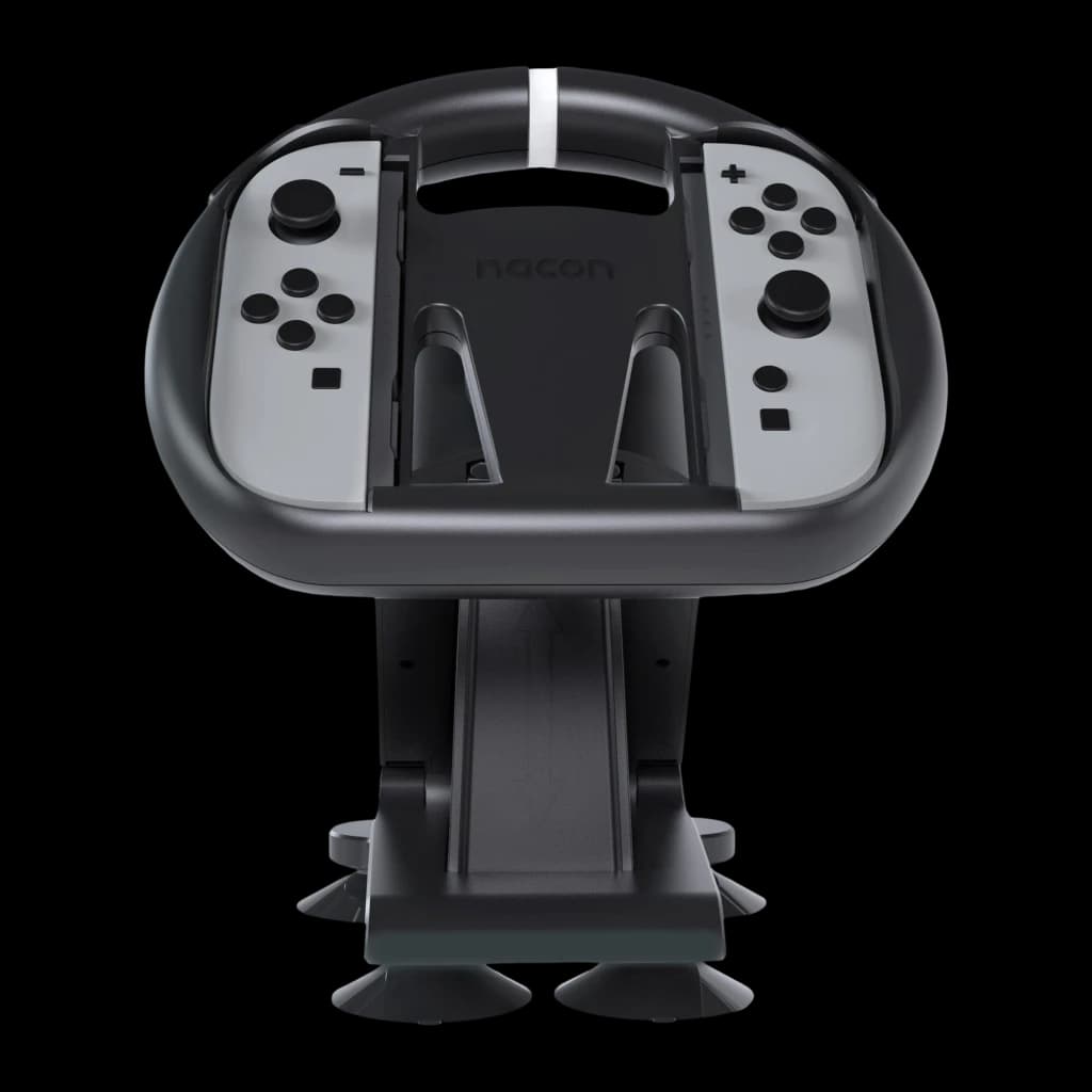 Nacon Volante Nintendo Switch 2 JoyCon preto, vista frontal: volante com JoyCons cinzas inseridos e base com ventosas