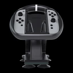 Nacon Volante Nintendo Switch 2 JoyCon preto, vista frontal: volante com JoyCons cinzas inseridos e base com ventosas