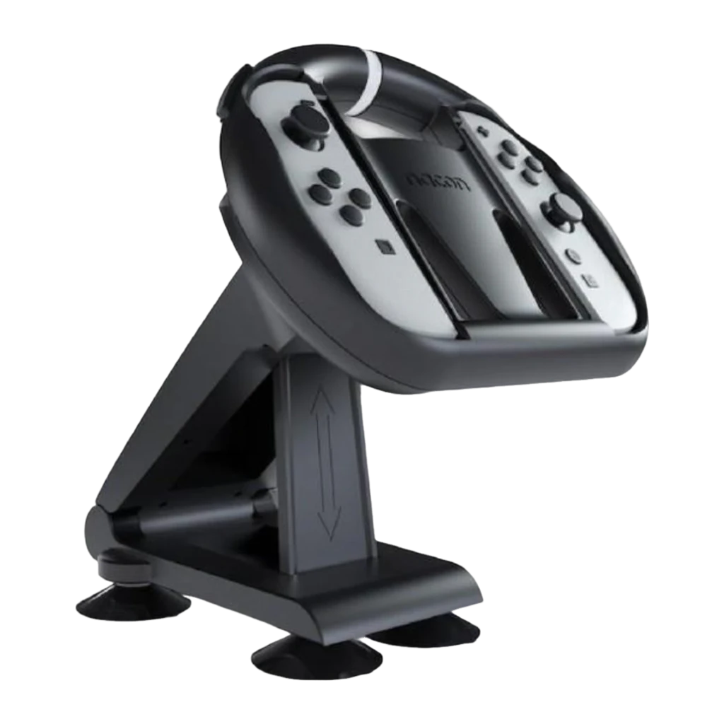 Nacon Volante Nintendo Switch 2 JoyCon negro, vista frontal: volante con JoyCon grises insertados y base con ventosas - Ítem1