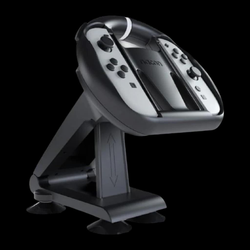 Nacon Volante Nintendo Switch 2 JoyCon preto, vista em ângulo: base ajustável com seta e suporte inclinado visíveis