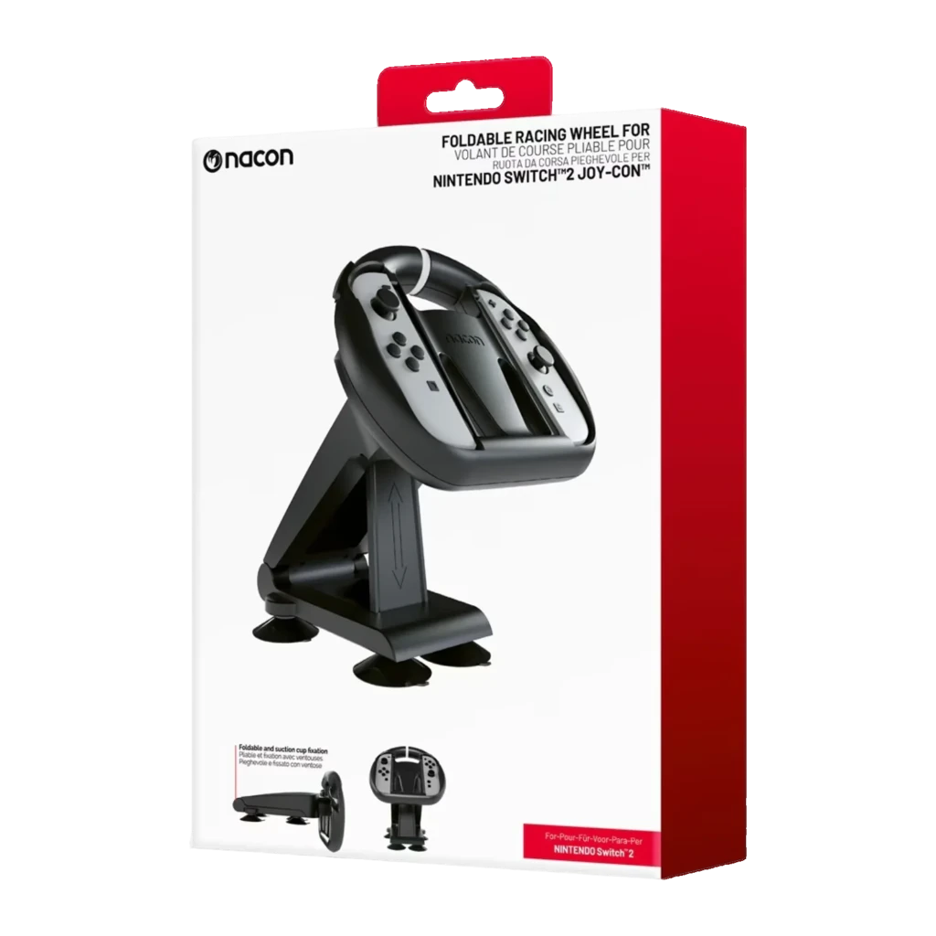 Nacon Volante Nintendo Switch 2 JoyCon negro, vista frontal: volante con JoyCon grises insertados y base con ventosas - Ítem3