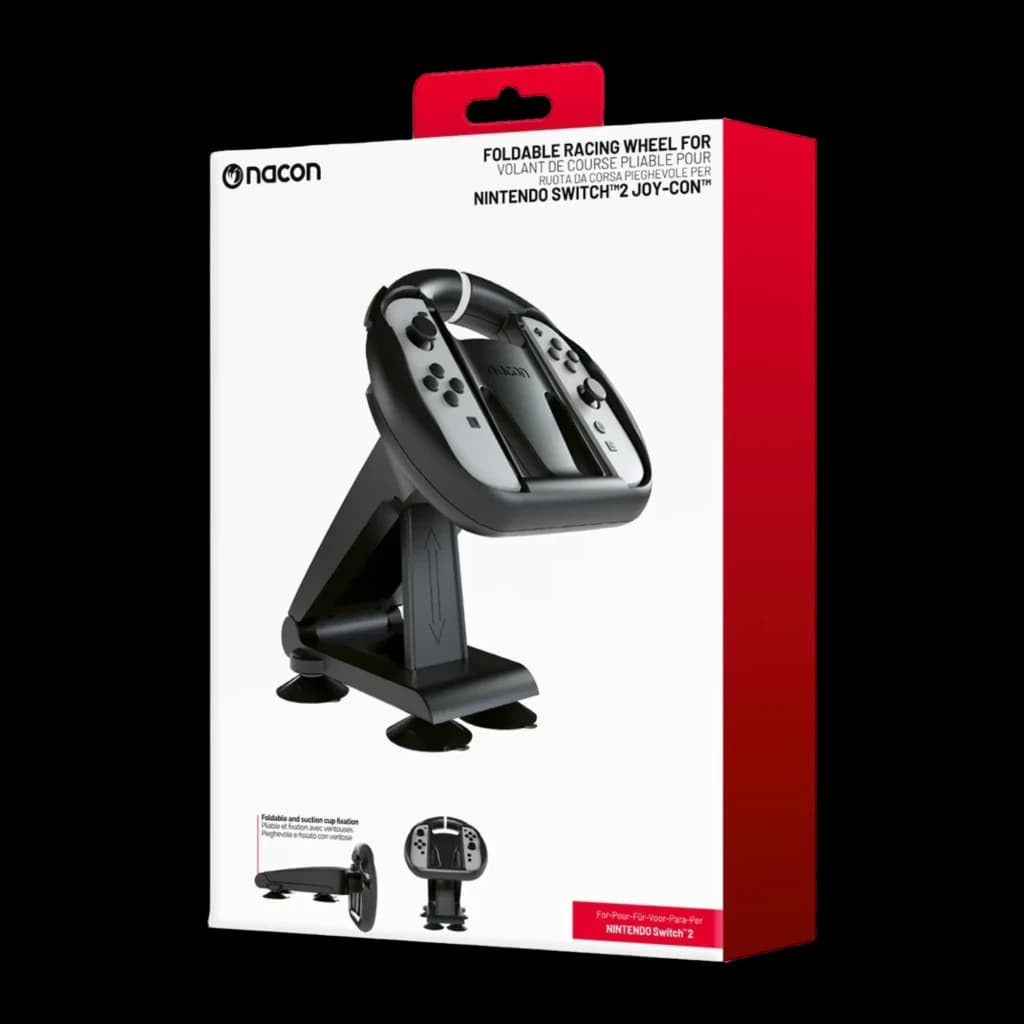 Nacon Volante Nintendo Switch 2 JoyCon preto, caixa: embalagem em ângulo com volante dobrável e suporte com ventosas