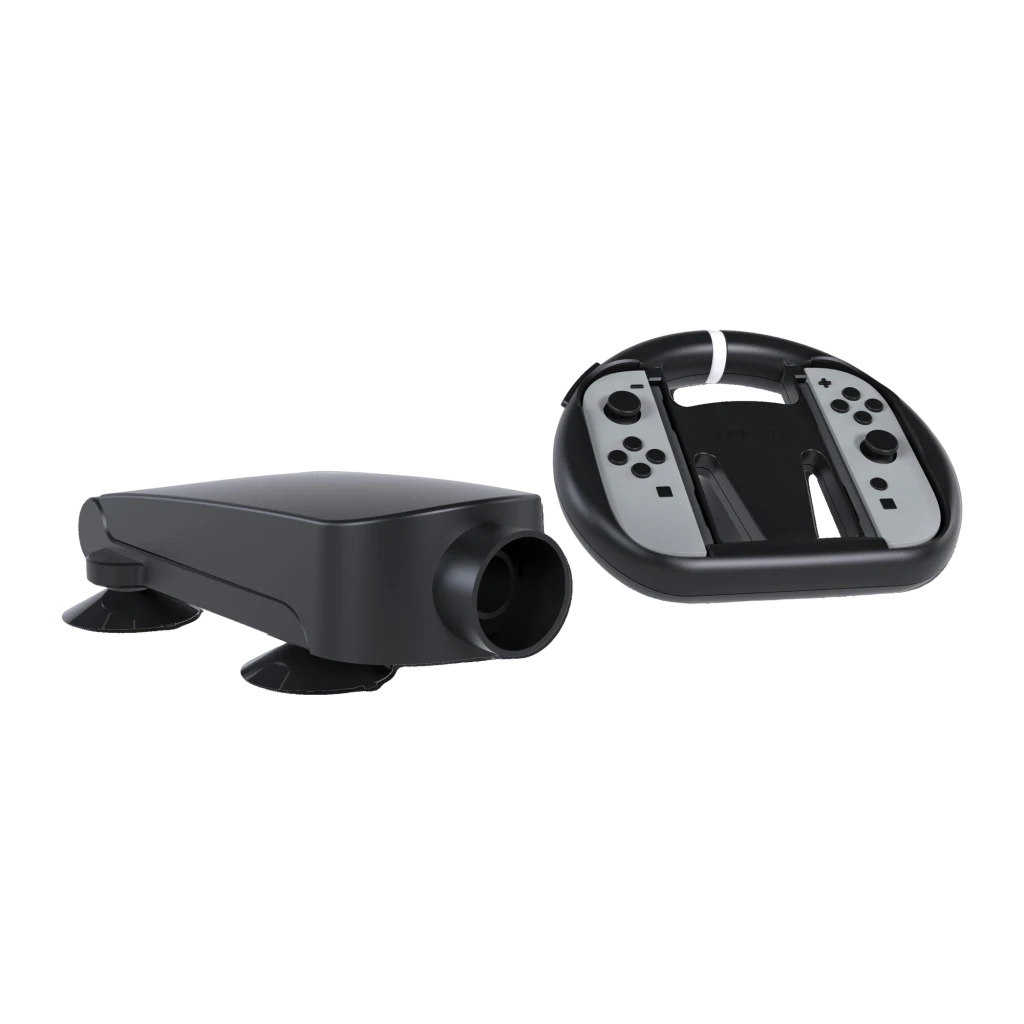 Nacon Volante Nintendo Switch 2 JoyCon negro, vista frontal: volante con JoyCon grises insertados y base con ventosas - Ítem4