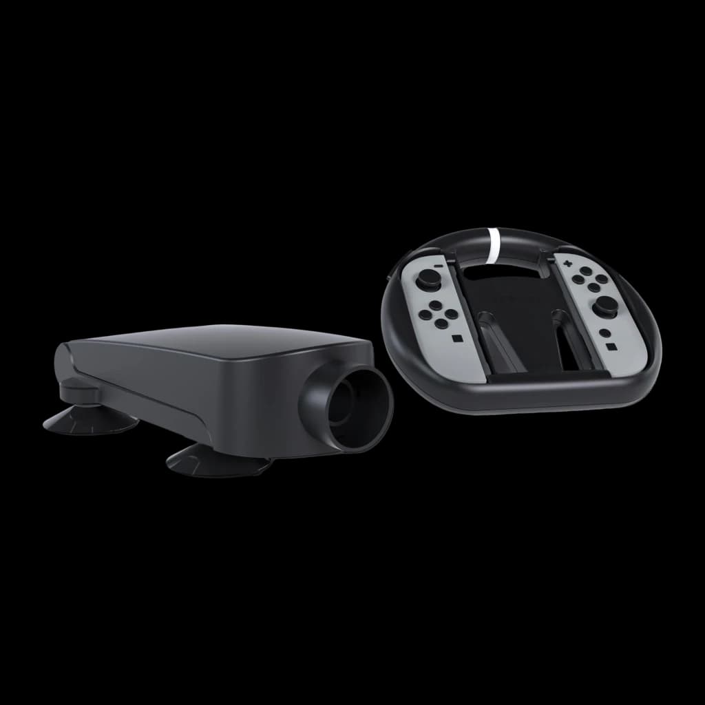 Nacon Volante Nintendo Switch 2 JoyCon preto, vista conjunto: volante com JoyCons e base com ventosa separados