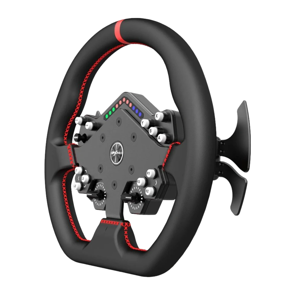 PXN WDS R2 volante gaming negro, vista frontal: panel central con botones, LEDs multicolor, diales Brake Bias y TC Con, - Ítem1