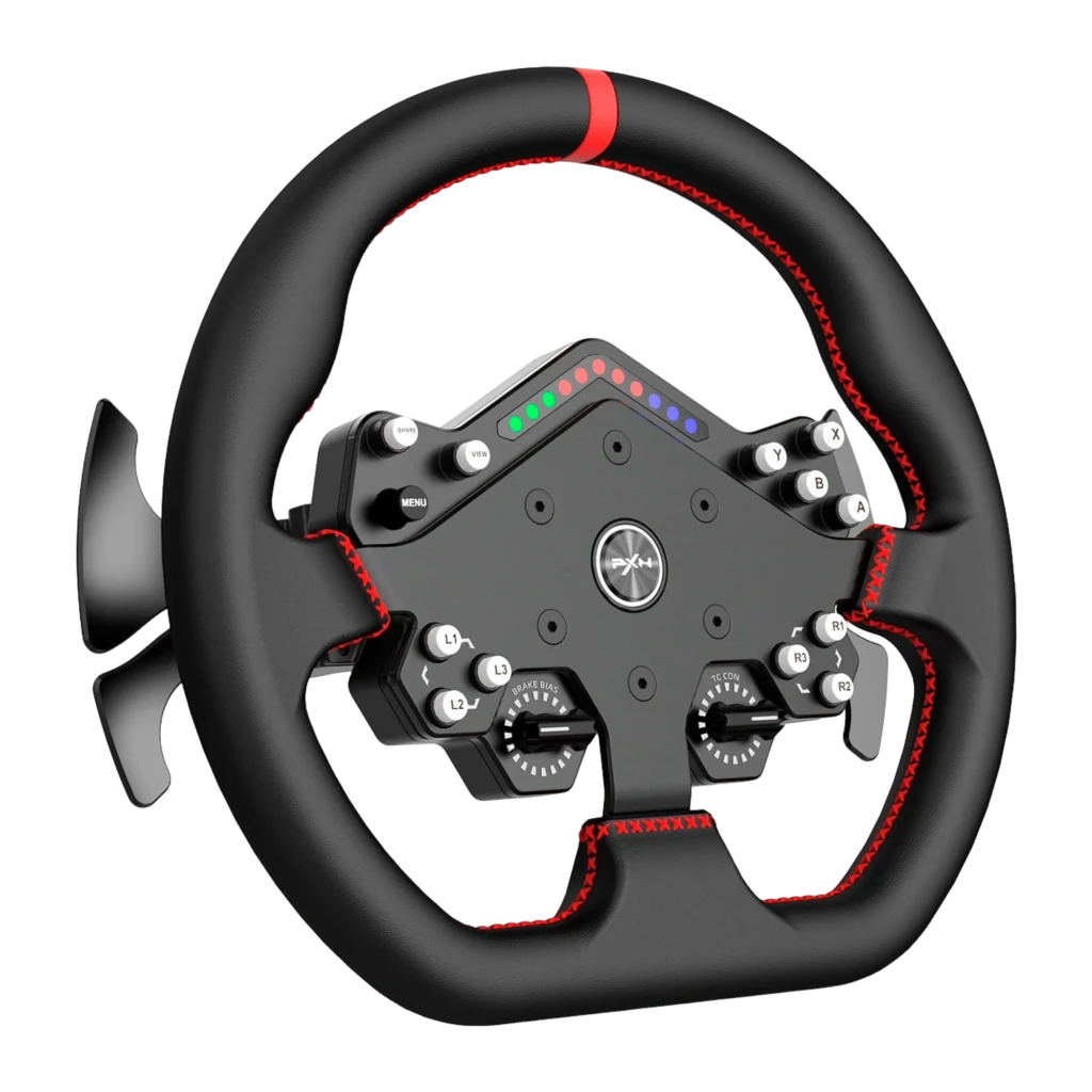 PXN WDS R2 volante gaming negro, vista frontal: panel central con botones, LEDs multicolor, diales Brake Bias y TC Con, - Ítem2