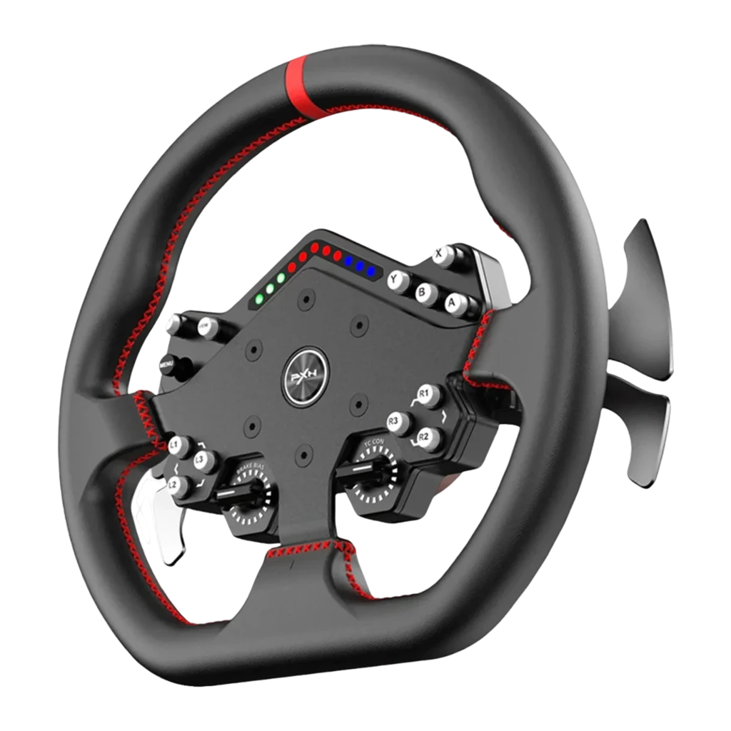 PXN WDS R2 volante gaming negro, vista frontal: panel central con botones, LEDs multicolor, diales Brake Bias y TC Con, - Ítem3
