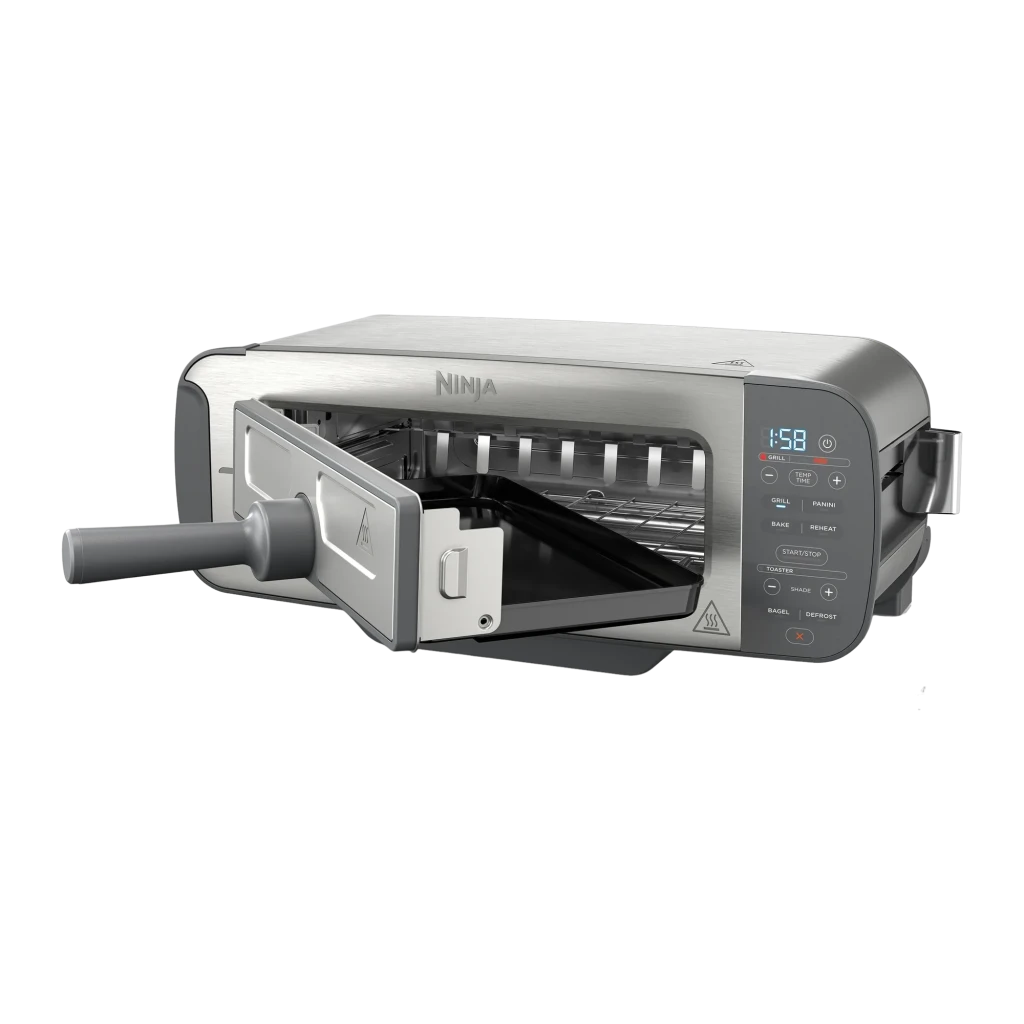 Ninja Foodi ST202EU Tostadora grill panini gris, vista frontal lateral: ventana panorámica, rejilla interior y panel de - Ítem1