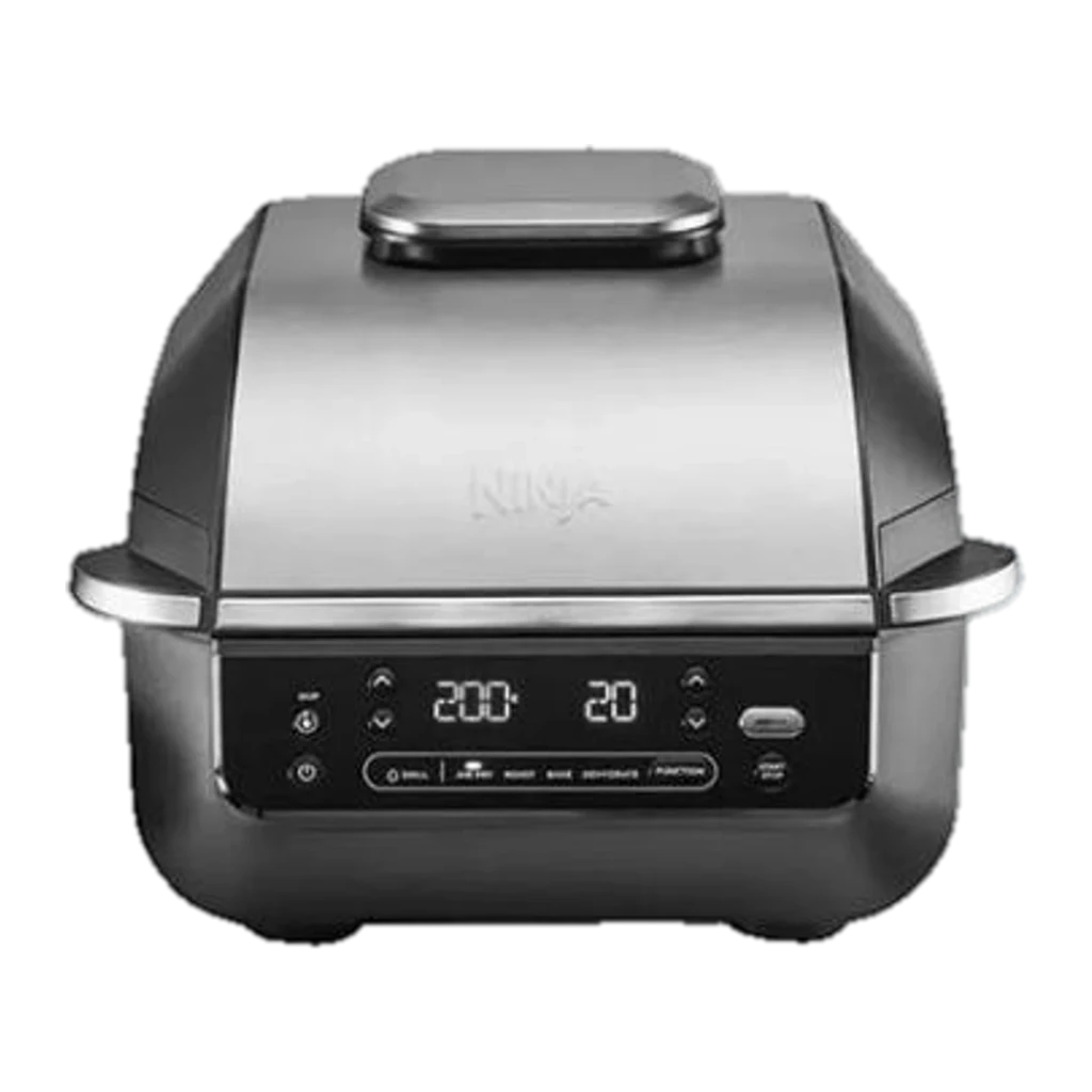 Ninja Foodi Smart EG351EU Grill freidora aire plata, frontal: tapa acero cepillado, logo Ninja y panel digital con funciones - Ítem4