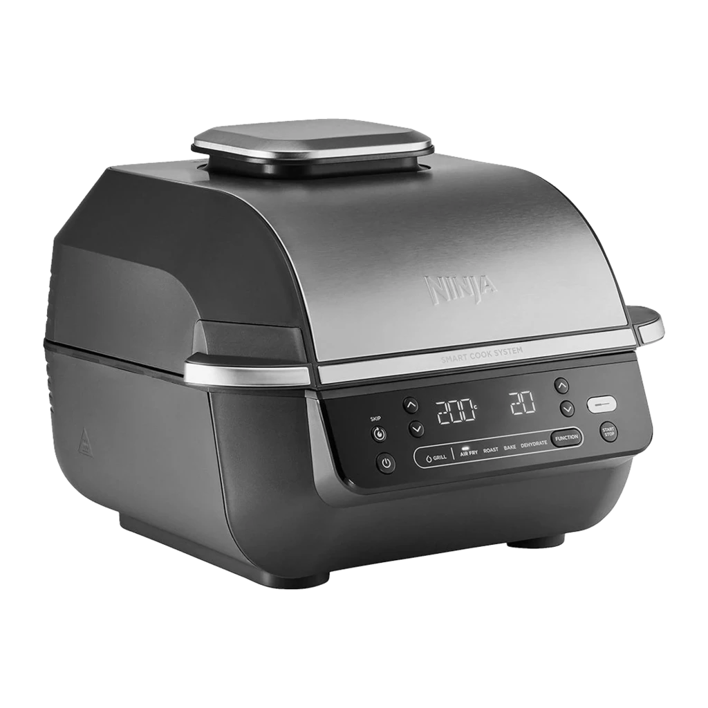 Ninja Foodi Smart EG351EU Grill freidora aire plata, frontal: tapa acero cepillado, logo Ninja y panel digital con funciones - Ítem1