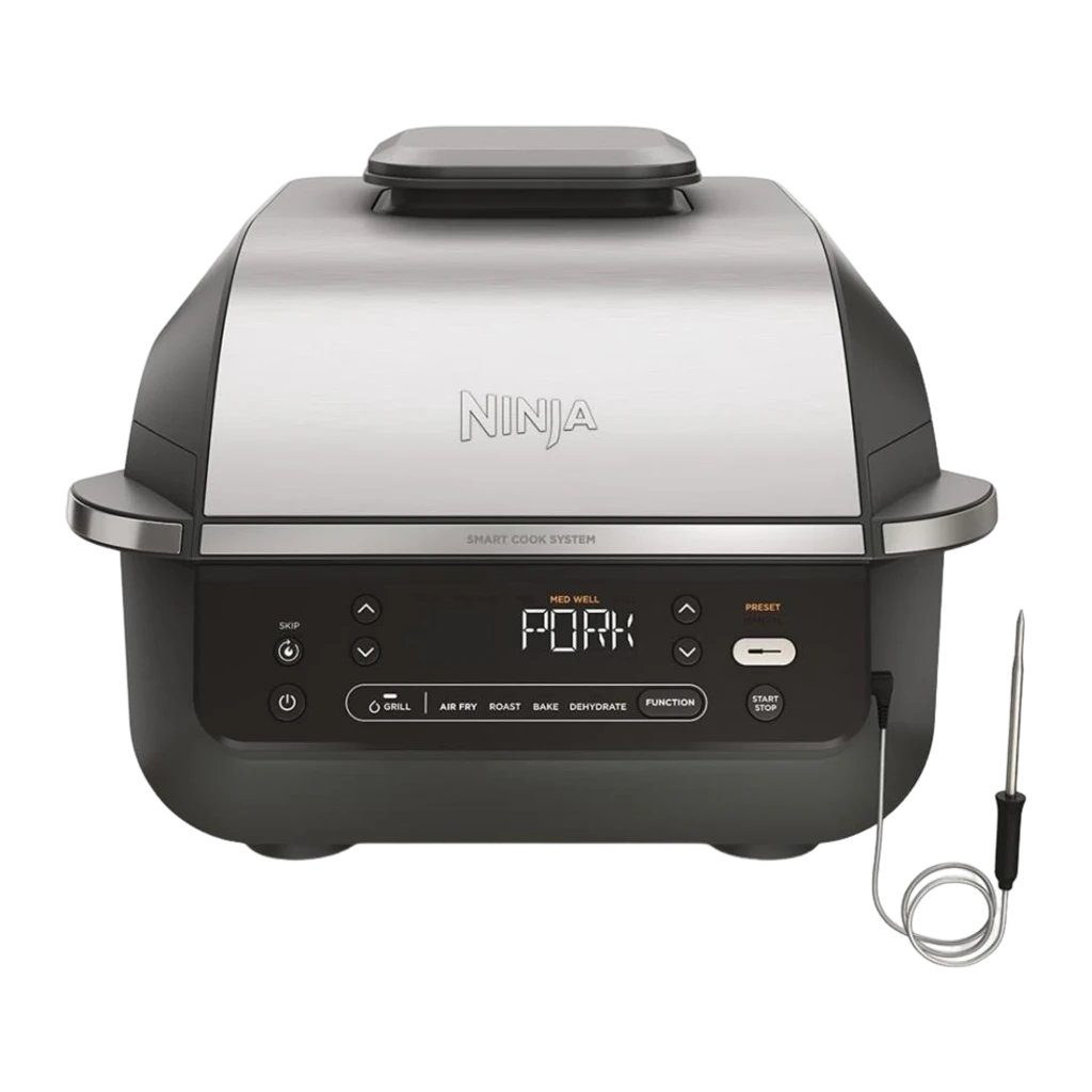 Ninja Foodi Smart EG351EU Grill freidora aire plata, frontal: tapa acero cepillado, logo Ninja y panel digital con funciones - Ítem2