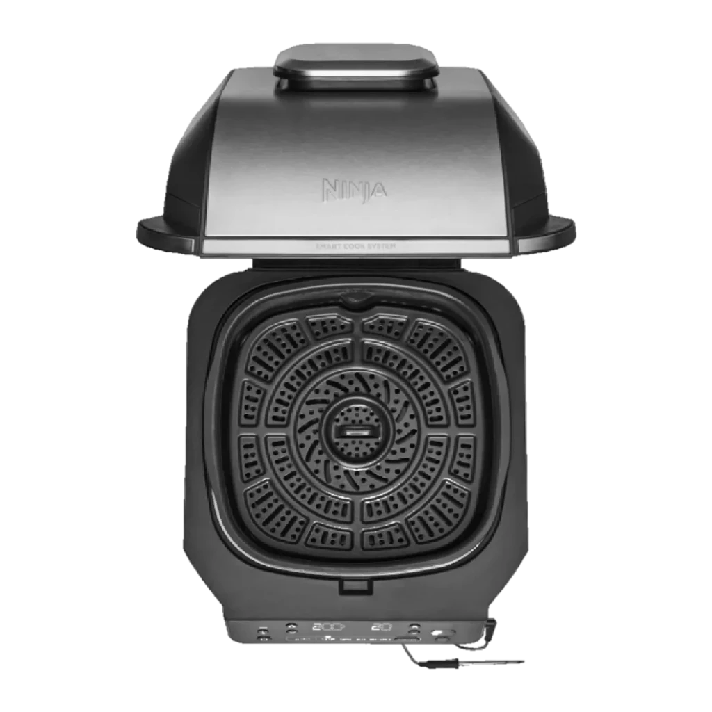 Ninja Foodi Smart EG351EU Grill freidora aire plata, frontal: tapa acero cepillado, logo Ninja y panel digital con funciones - Ítem3