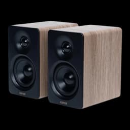 Edifier M60 2.0 Bluetooth Classic Oak, vue avant: paire d'enceintes avec façade noire, tweeter et woofer visibles, côtés
