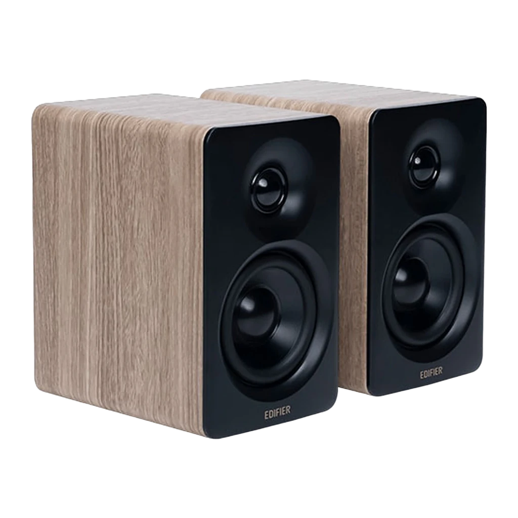 Edifier M60 2.0 Bluetooth Classic Oak, vista frontal: par de colunas com painel preto, tweeter e woofer visíveis, lateral em - Item1