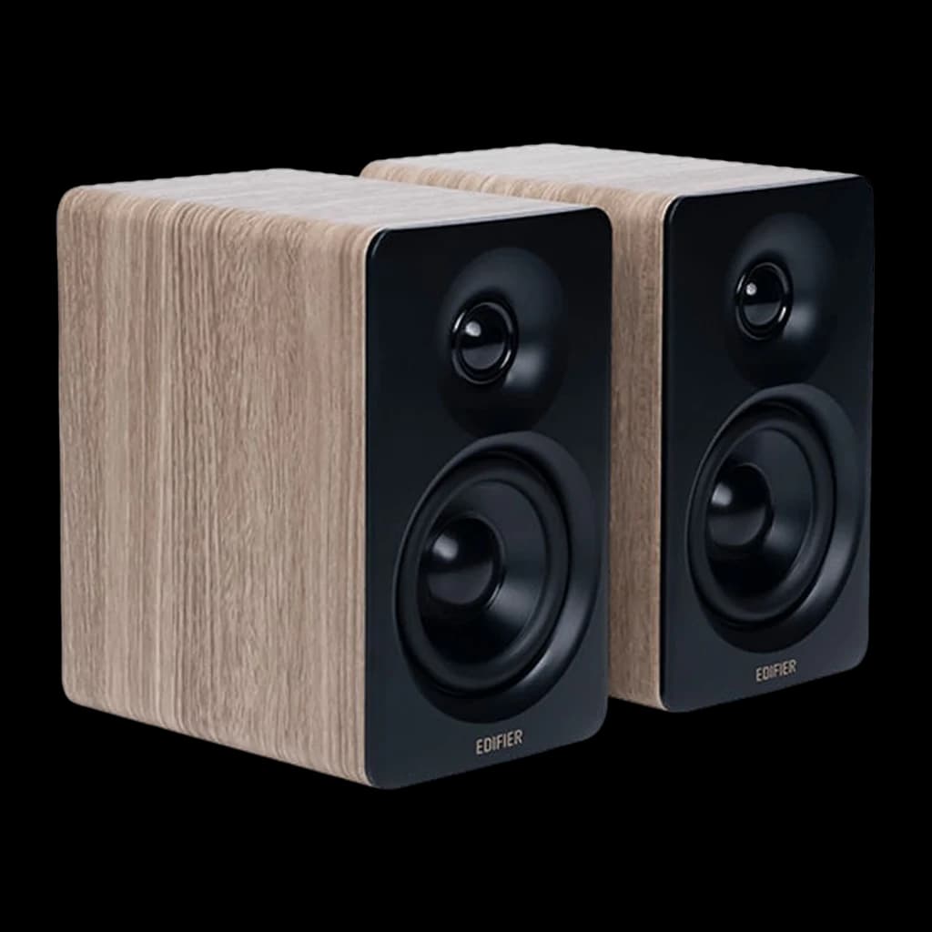 Edifier M60 2.0 Bluetooth Classic Oak, vue latérale: paire d'enceintes avec côtés chêne mis en avant et façade noire avec