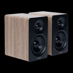 Edifier M60 2.0 Bluetooth Classic Oak, vue latérale: paire d'enceintes avec côtés chêne mis en avant et façade noire avec