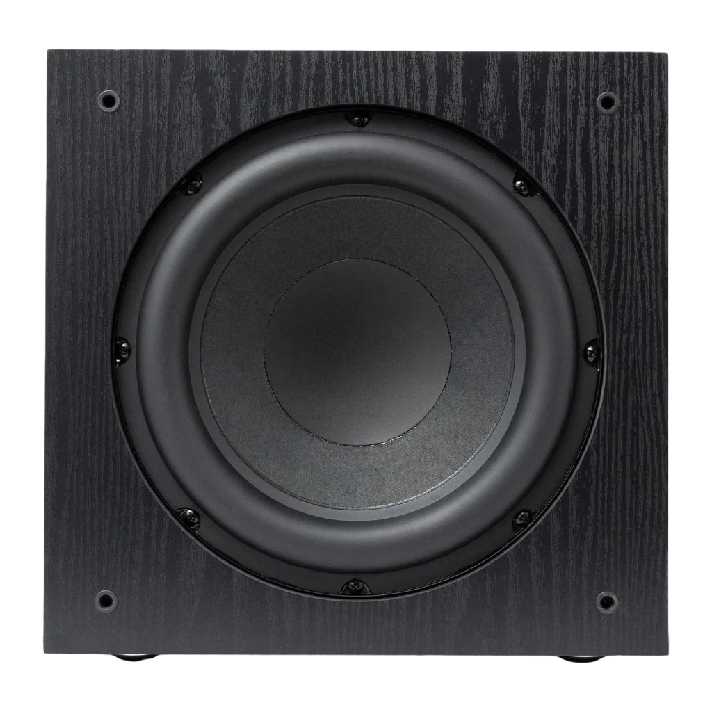 Vulkkano Caisson de basse Actif RCA 150W noir, vue en angle: haut-parleur frontal, port bass reflex latéral et texture chêne - Ítem1