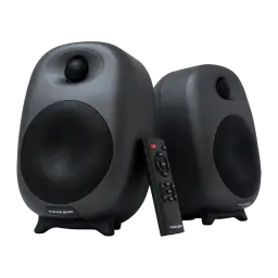 Vulkkano Enceintes 2.0 Bluetooth 80W noir, vue avant: paire d'enceintes avec tweeter, grille et télécommande