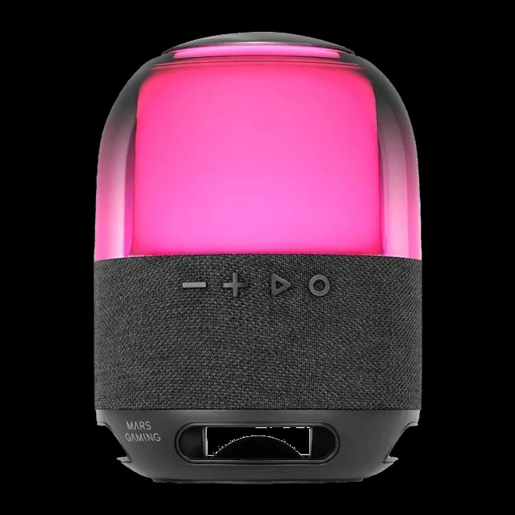 Mars Gaming Coluna Bluetooth MS-Flow RGB Preto, vista frontal: cúpula translúcida com luz RGB rosa, grelha de tecido e