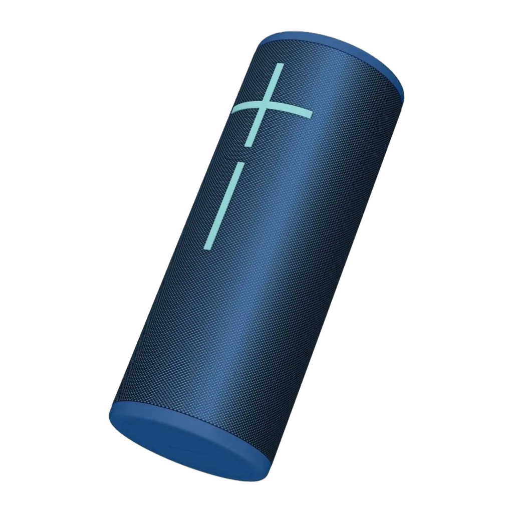 Logitech UE Megaboom 4 bleu, vue de face: enceinte cylindrique verticale, grille textile bleue et boutons en croix menthe au - Ítem1