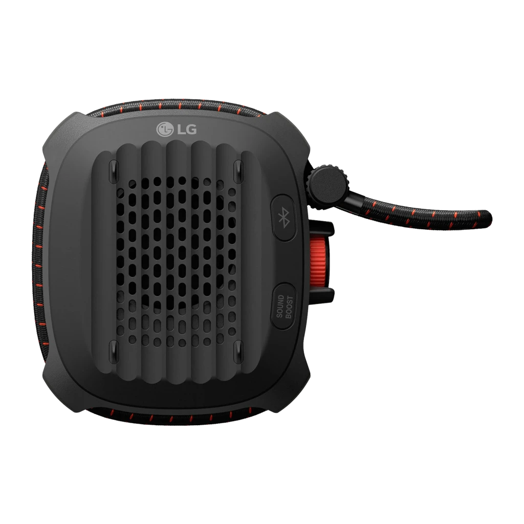 LG XBOOM Go XG2 noir, vue avant en angle: grille en tissu, logo XBOOM, bouton orange et cordon tressé rouge-noir - Ítem1