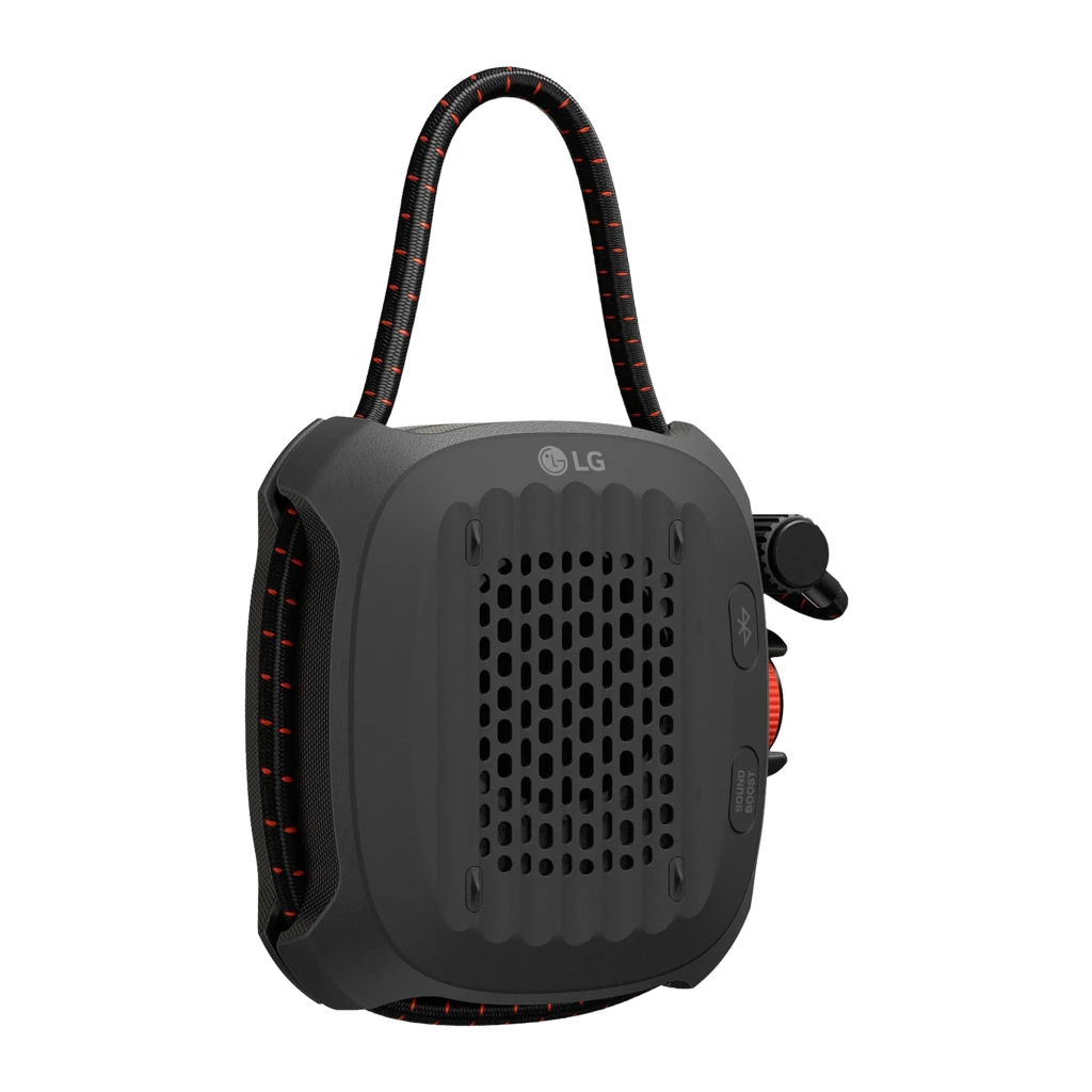 LG XBOOM Go XG2 noir, vue avant en angle: grille en tissu, logo XBOOM, bouton orange et cordon tressé rouge-noir - Ítem2