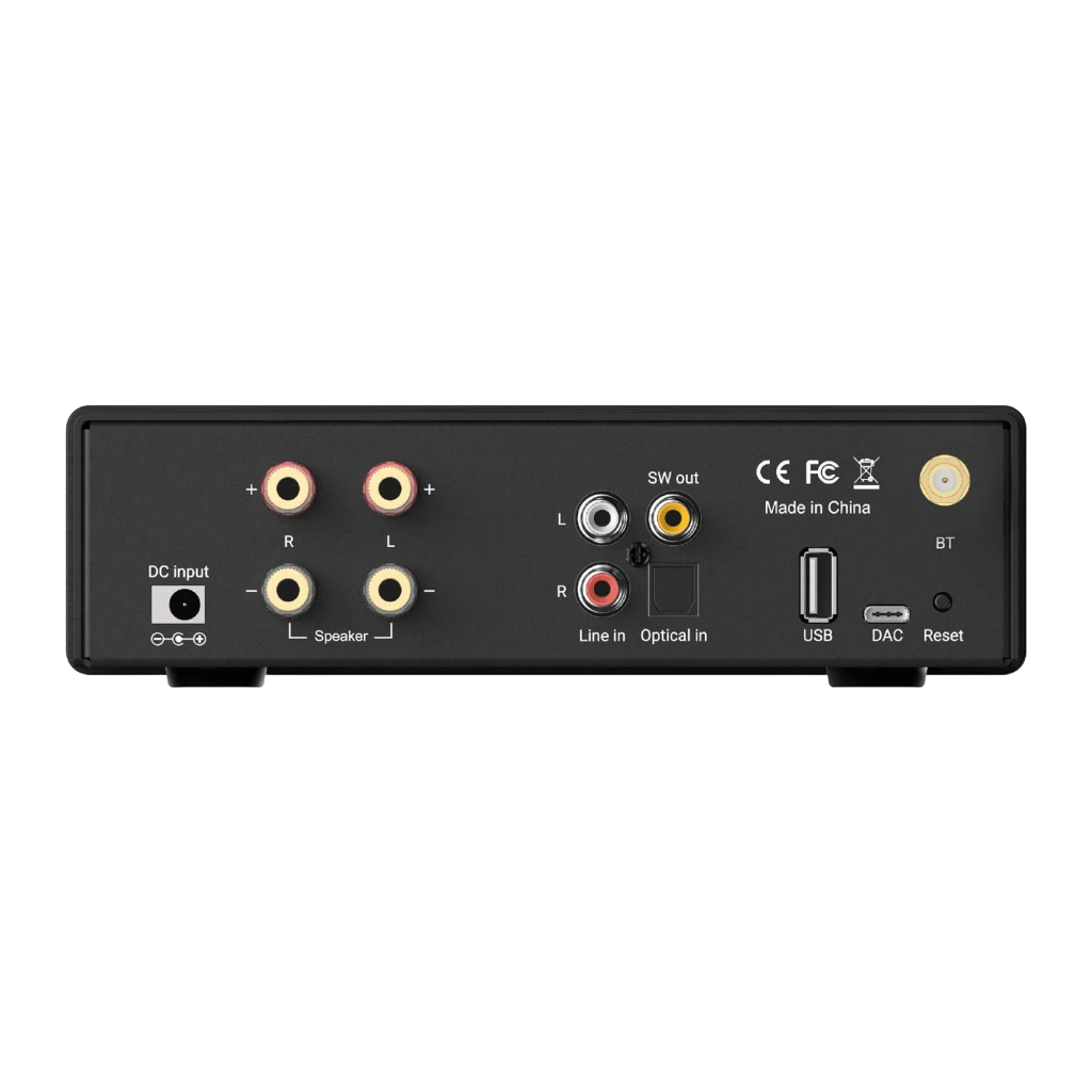 Arylic B50SE noir, vue avant en angle: antenne WiFi, logo, bouton de volume, indicateurs BT Line OPT USB DAC - Ítem1