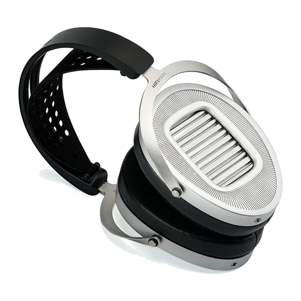 HiFiMAN Ananda Unveiled Argent Noir, vue latérale droite: grille métallique striée, anneau argenté et arceau noir perforé - Ítem1