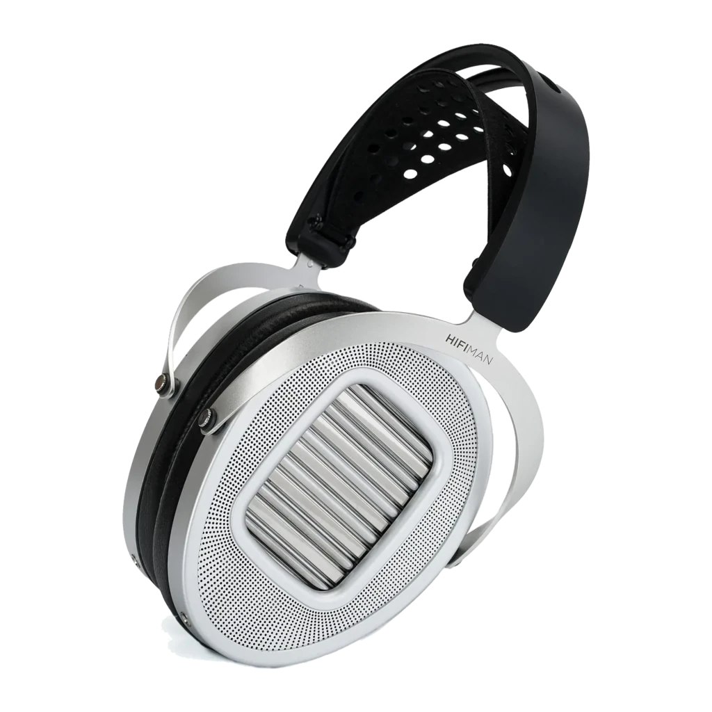 HiFiMAN Ananda Unveiled Argent Noir, vue latérale droite: grille métallique striée, anneau argenté et arceau noir perforé - Ítem2