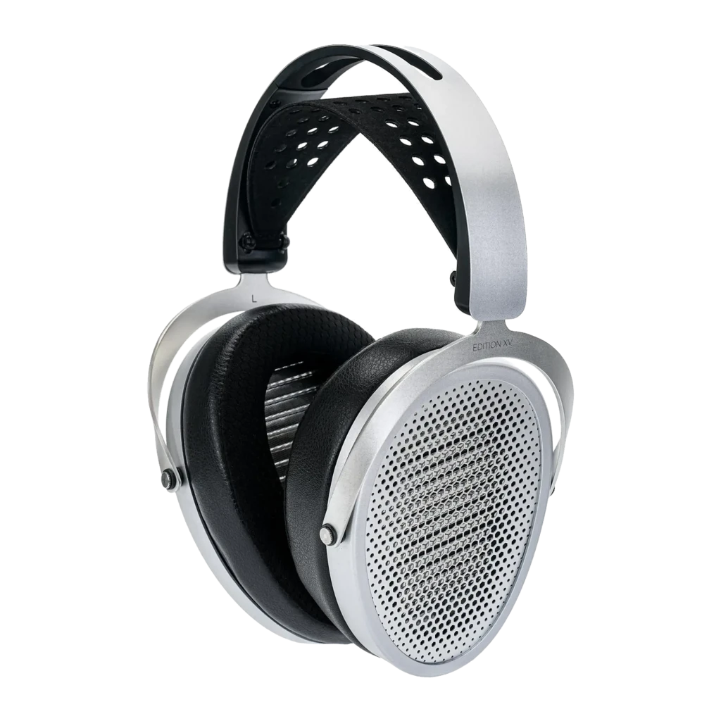 HiFiMAN Edition XV noir et argent, vue de face 3/4: grille métallique perforée, coussinets noirs et arceau argenté rembourré - Ítem1