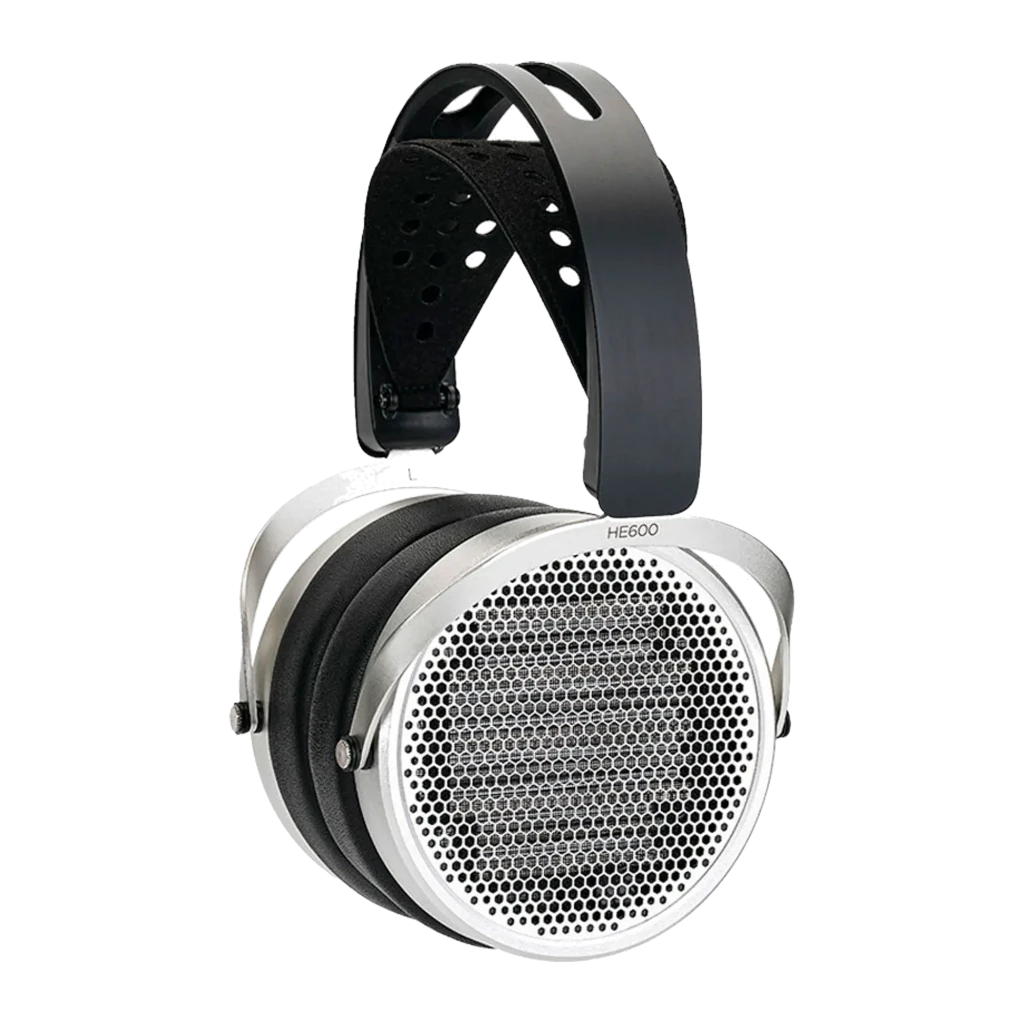 HiFiMAN HE600 Noir Gris, vue latérale droite: grille hexagonale argentée, coussinets noirs et arceau perforé - Ítem1