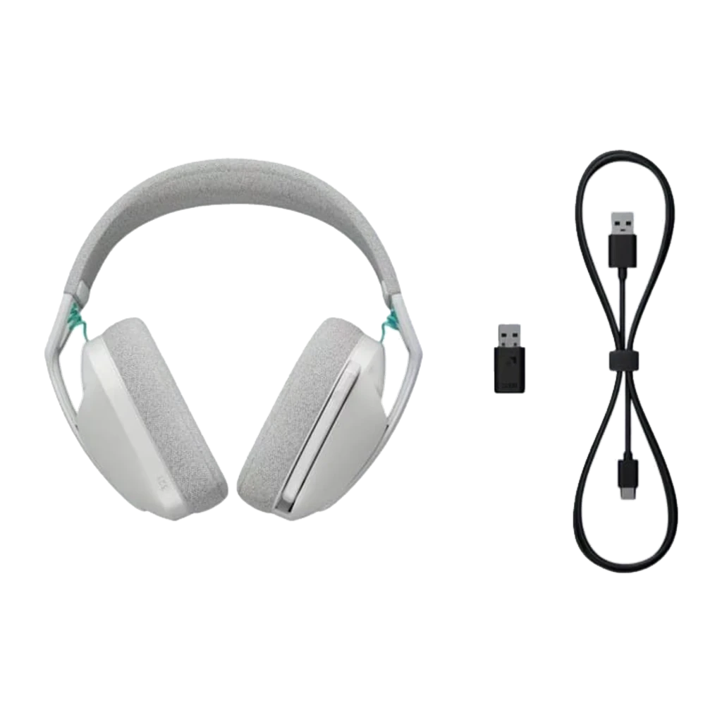 Logitech Auriculares G321 Branco, vista frontal: almofadas de tecido, arco acolchoado e detalhes em verde menta - Item3